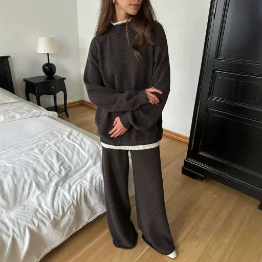 Womens Loose Fit Knit Sweater And Wide Leg Pants Set Wool Blend Casual Style Autumn Winter Collection Wholesale