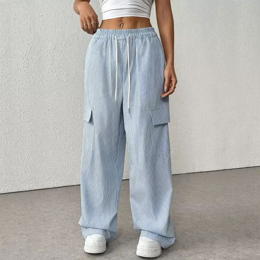Wide Leg Striped Trousers for Women Casual Summer Style Lightweight Fabric Available in Blue Wholesale Options