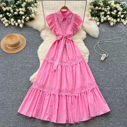 Elegant Vintage Lace Panel Waist Defined Short Sleeve Dress For Women Flowy Maxi Style Available In Red White Green Wholesale