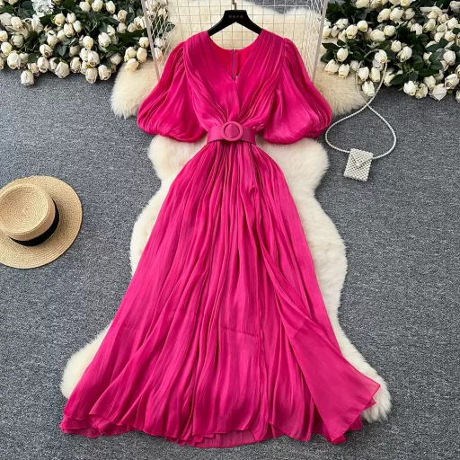 Elegant Puff Sleeve Maxi Dress For Women V Neck High Waist Design Summer Evening Wear