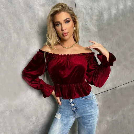 Womens Long Sleeve T Shirt Off Shoulder Ruffle Design Velvet Fabric Elegant Style