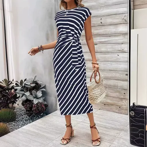 Elegant Striped Maxi Dress for Women Short Sleeve Round Neck Waist Tie Summer Fashion