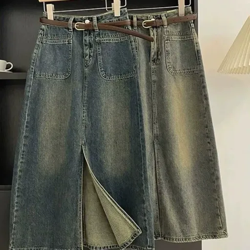Gray High Waist A Line Denim Skirt with Side Slit for Women Autumn Casual Wear Wholesale OEM ODM service