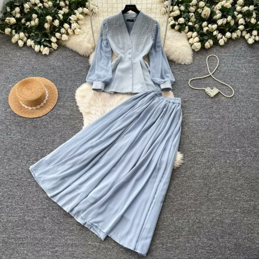 French Style V Neck Embroidered Jacket with High Waisted Pleated Skirt Elegant Lightweight Two Piece Set for Fall French Style V Neck Embroidered Jacket with High Waisted Pleated Skirt Elegant Lightweight Two Piece Set for Fall