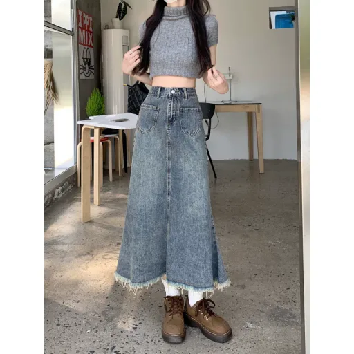 High Waist Mermaid Skirt Slim Fit Denim Mid Length Casual Wear Available in Blue Wholesale Options Available