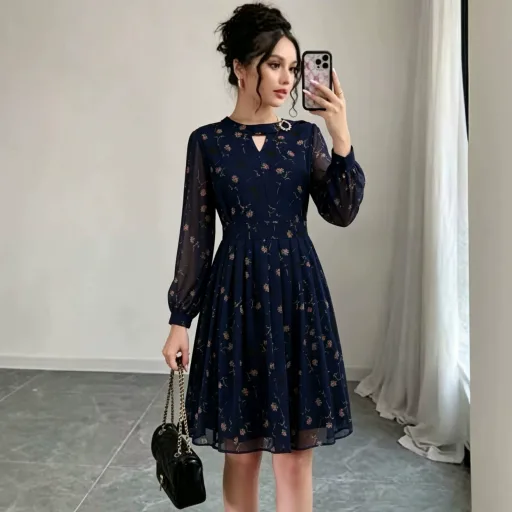 Blue Printed Chiffon Long Sleeve Dress For Women A Line Silhouette Rhinestone Accents Mid Length Perfect For Spring