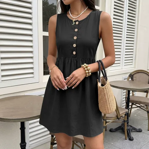 Sleeveless Waist Tie Mini Dress Solid Color Casual Summer Wear Available In Black Green Orange Wholesale Supply