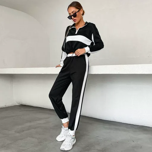 Womens Casual Two Piece Set Color Block Design Stand Collar Long Sleeve Comfortable Fabric