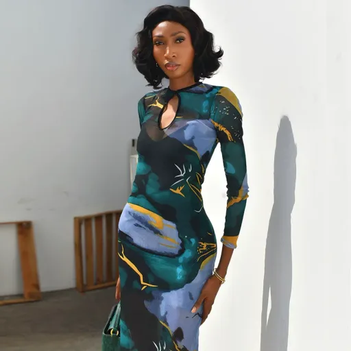 Floral Print Bodycon Dress For Women Slim Fit Long Sleeve Elegant Style Perfect For Parties And Special Occasions