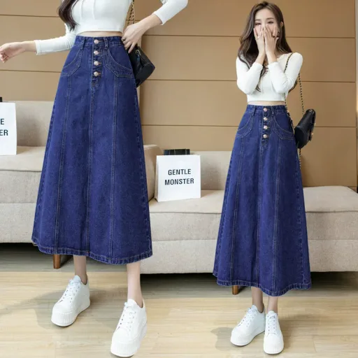 Vintage High Waist A Line Denim Skirt for Women Casual Mid Length Design Spring Summer Collection