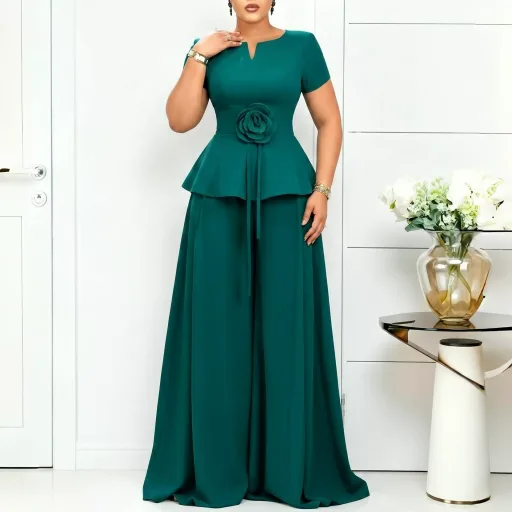 Plus Size Womens Casual Ruffle Sleeve Top and Wide Leg Pants Set in Purple Apricot Blue and Peacock Green for Summer