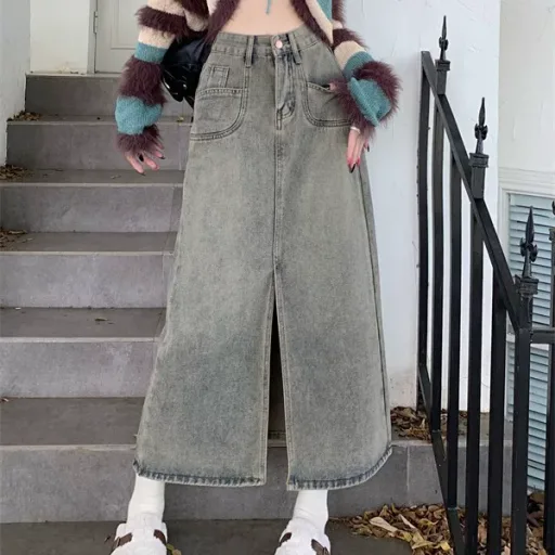 High Waist Split Hem Denim Midi Skirt for Women Fashionable Versatile Design Spring Autumn Wear