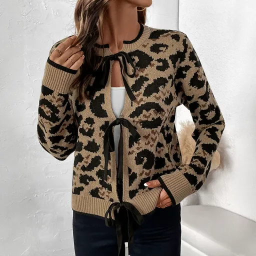 Womens Leopard Print Cardigan Sweater Round Neck Tie Closure Cozy Knit Fabric Fall Winter Fashion