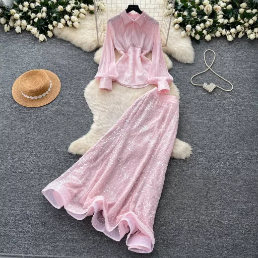 French Style Sequined Mesh Pleated Two Piece Set Waist Cinching Elegant Design Ideal for Spring and Autumn Wholesale French Style Sequined Mesh Pleated Two Piece Set Waist Cinching Elegant Design Ideal for Spring and Autumn Wholesale