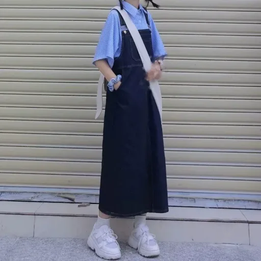Denim Overall Dress for Women Loose Fit Mid Length Spring Autumn Casual Solid Color