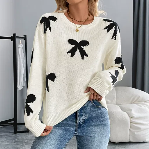 Womens Sweater Sweet Floral Pattern Round Neck Long Sleeve Autumn Winter custom packaging