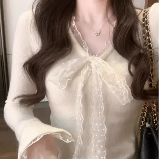 Apricot Lace Bow V Neck Long Sleeve T Shirt For Women Soft Fabric Irregular Hem Spring Layering Top