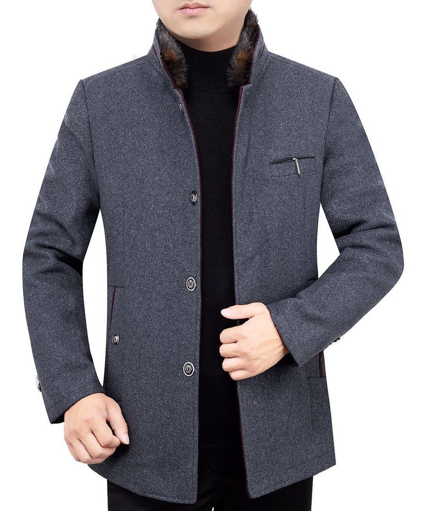 Mens Fleece Lined Overcoat with Removable Fur Collar Mid Length Warm Jacket Winter Outerwear