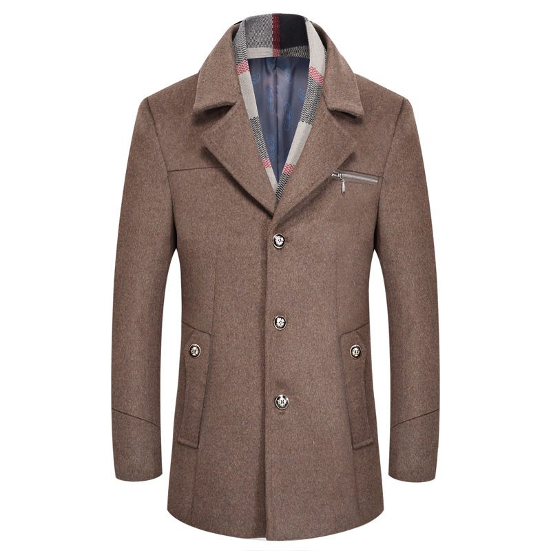 Mens Wool Blend Overcoat Mid Length Detachable Fur Collar Thick Warm Coat Winter Outerwear