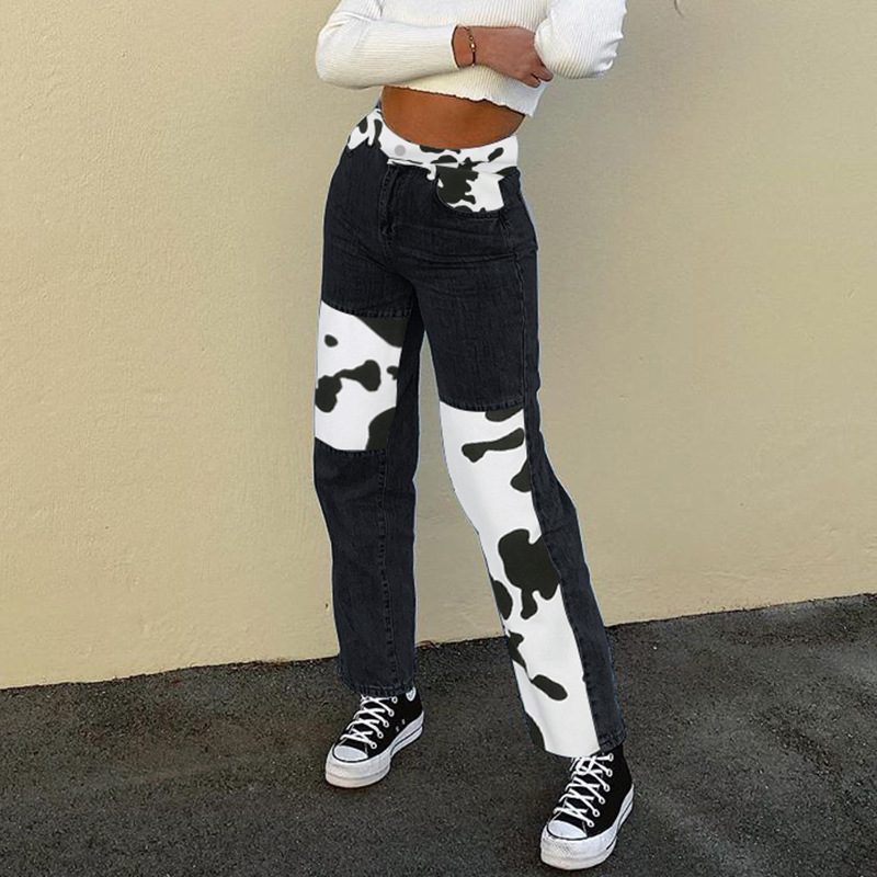 High Waist Color Block Cow Print Straight Leg Jeans for Women Casual Loose Fit Autumn Wear