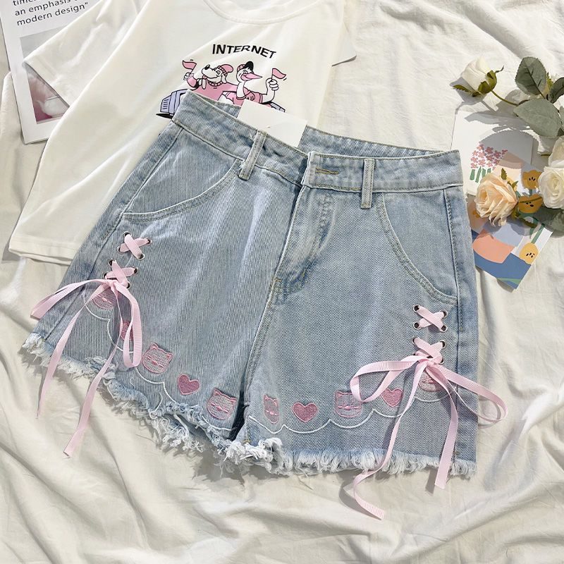 High Waist Embroidered Denim Shorts for Women Blue Color Casual Loose Fit Summer Wear