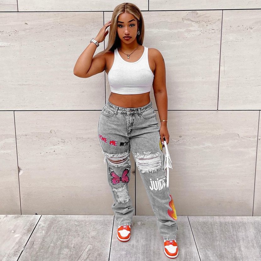 Womens Distressed Denim Jeans Digital Print Fashionable Design Casual Wear fast shipping