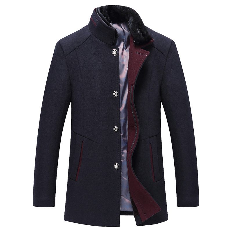 Mens Wool Blend Overcoat Mid Length Single Breasted Design Stand Collar with Fur Trim Winter Outerwear
