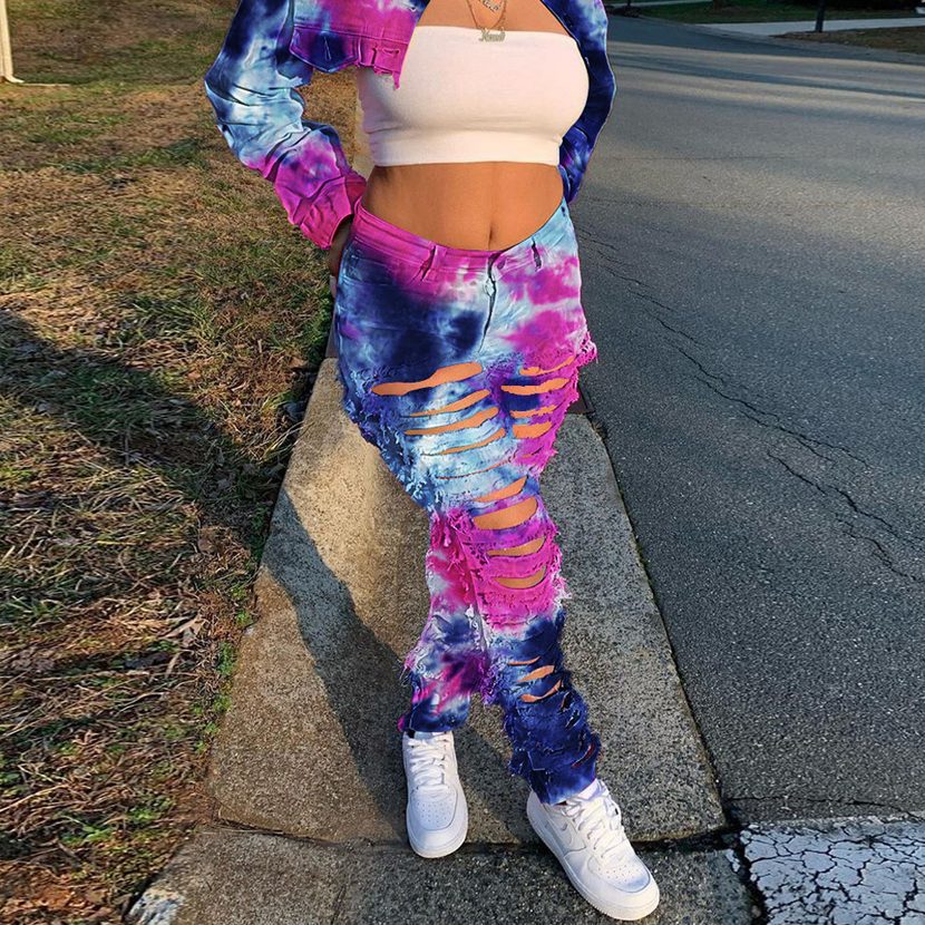 Distressed Denim Jeans for Women Casual Straight Fit with Button Details Tie Dye Pattern Available in Multiple Sizes Wholesale