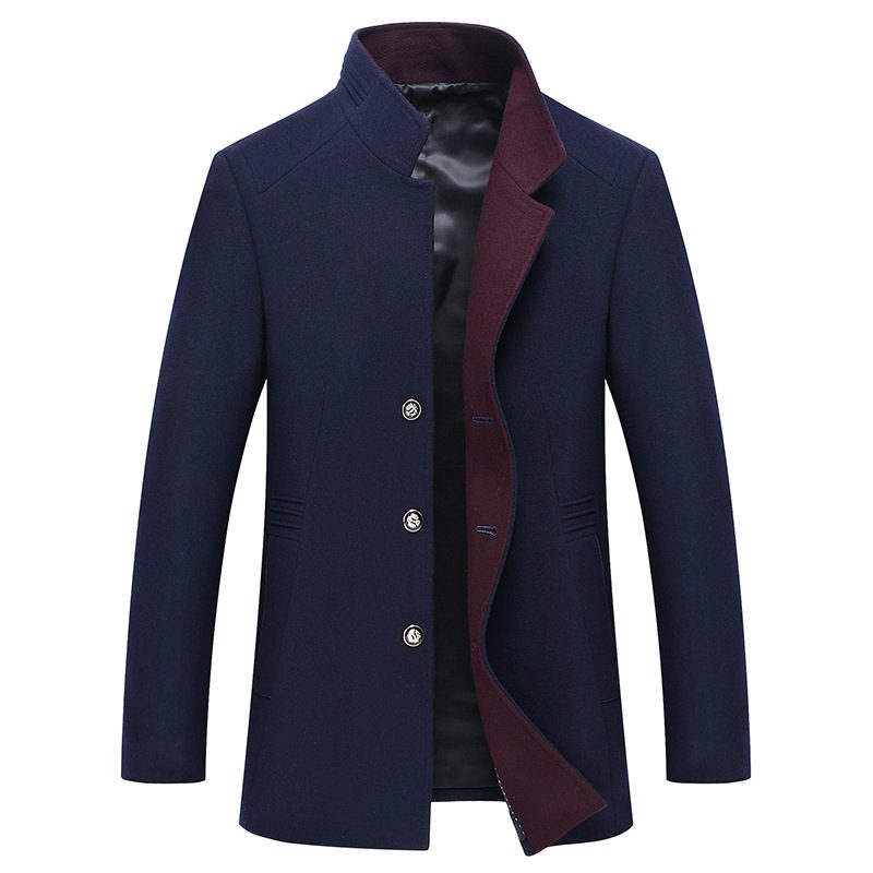 Mens Wool Blend Overcoat Slim Fit Stand Collar Thickened Design Autumn Winter Wear