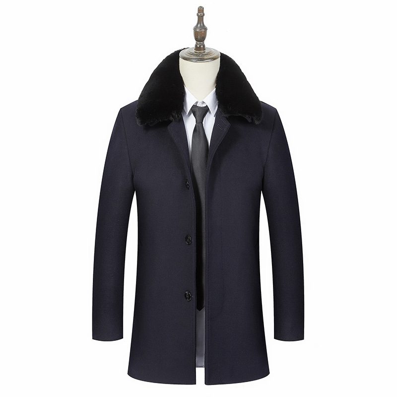 Mens Business Casual Overcoat Mid Length Removable Fur Collar Wool Blend Winter Outerwear