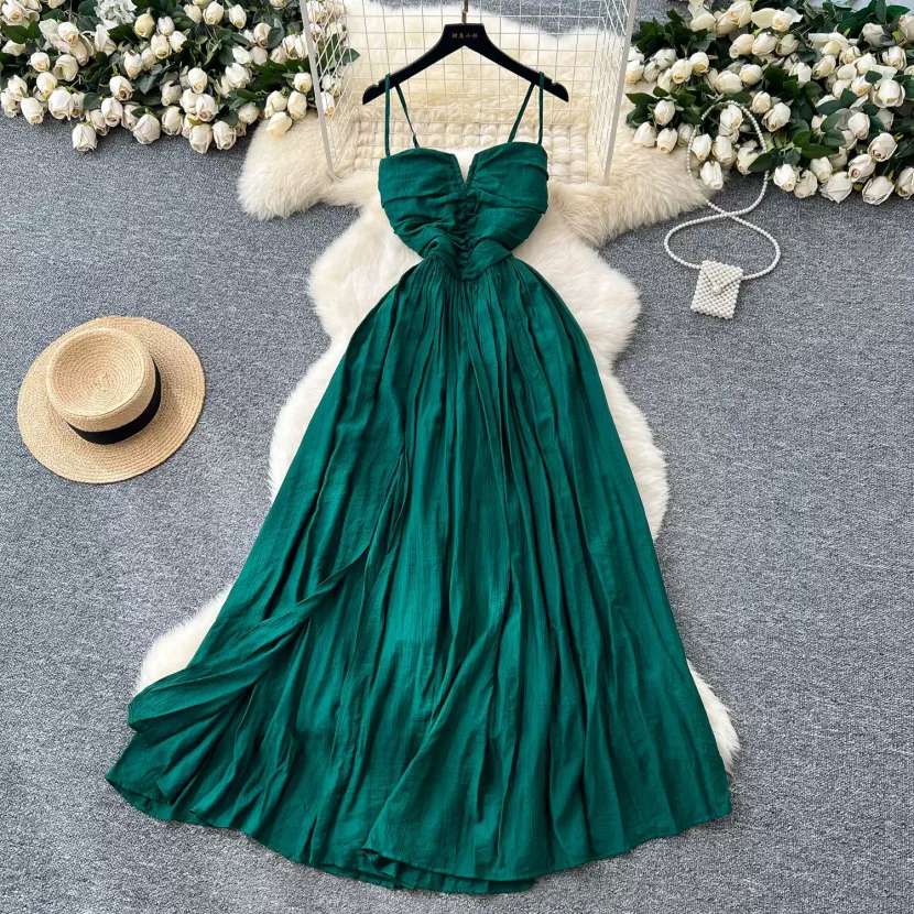 Summer Womens Maxi Dress Elegant Backless Design Adjustable Straps Available in Green and Red Wholesale Supply