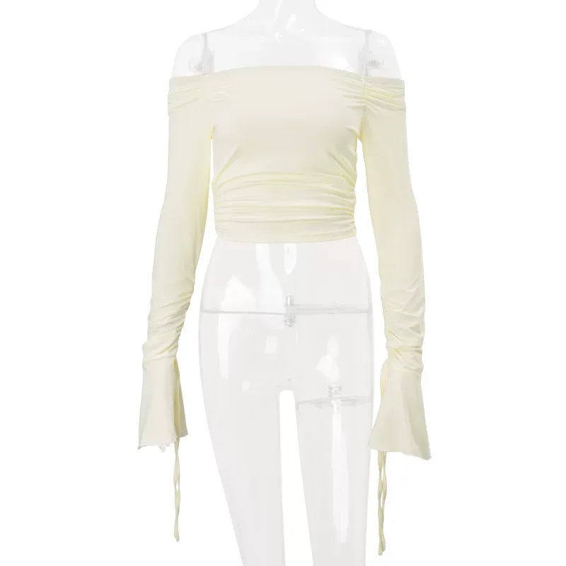 Off Shoulder Ruffled Long Sleeve T Shirt for Women Slim Fit Summer Style Available in Yellow Wholesale Options