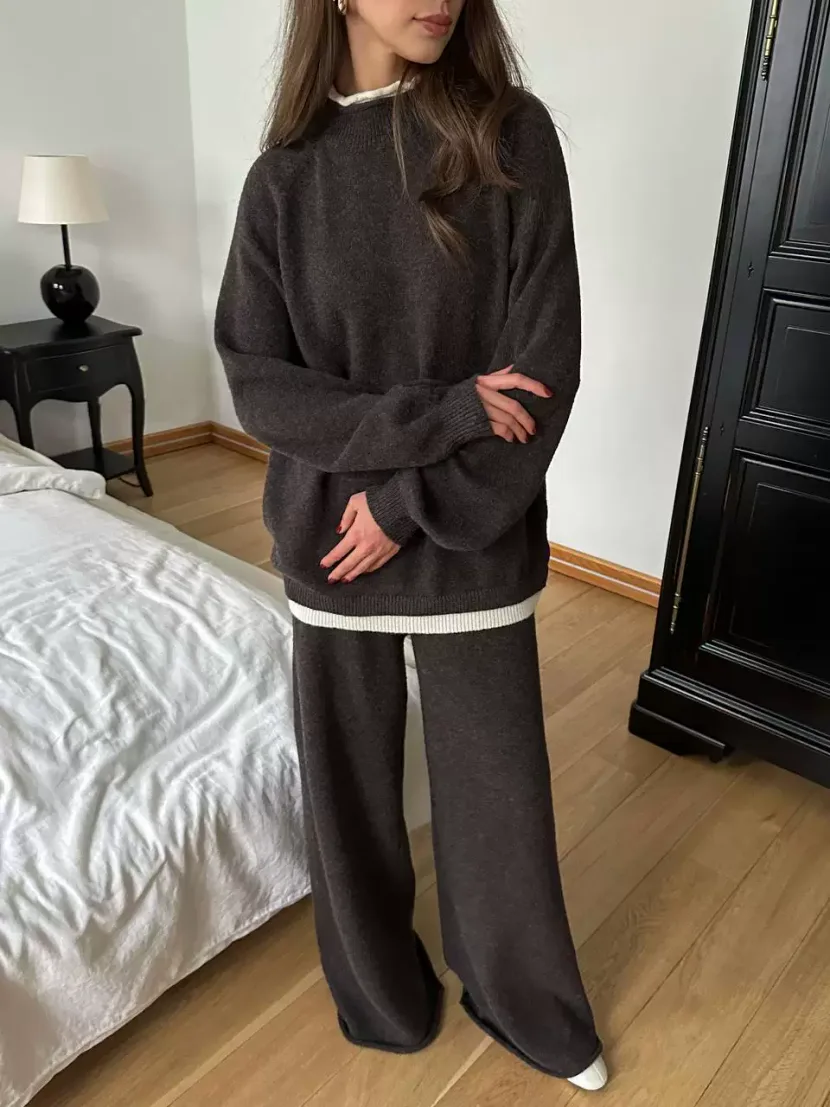 Womens Loose Fit Knit Sweater and Wide Leg Pants Set Wool Blend Casual Style Autumn Winter Collection Wholesale