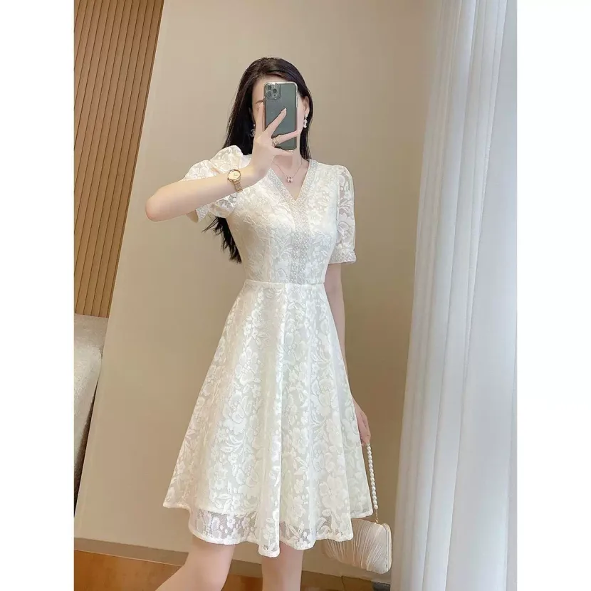 Lace Midi Dress for Women Elegant Fit and Flare Silhouette Summer Casual Wear Available in White and Apricot