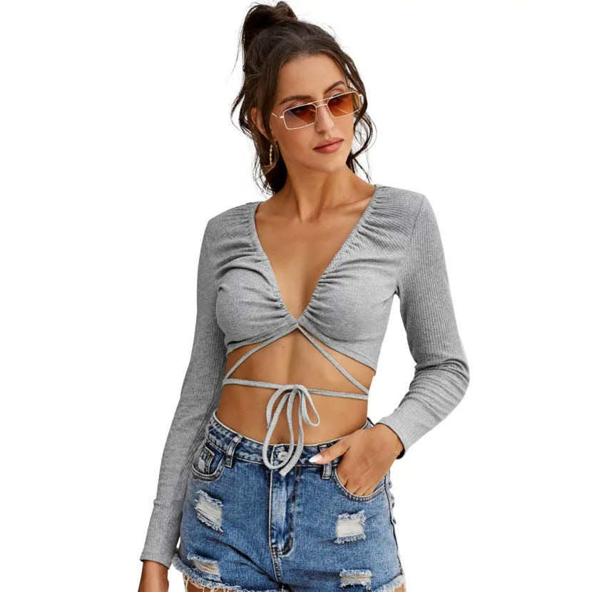 Slim Fit V Neck Casual T Shirt for Women Drawstring Detail Gray Perfect for Everyday Wear