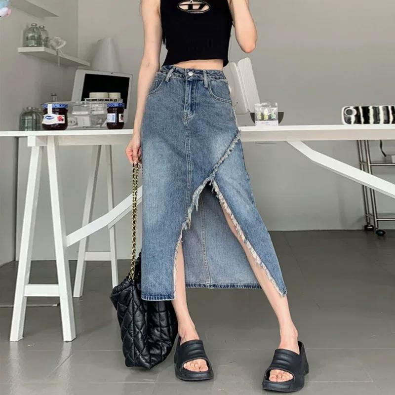 High Waist Irregular Denim Skirt for Women A Line Cut Frayed Hem Split Design Summer Casual Wear