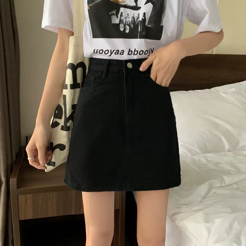 High Waist A Line Skirt Slim Fit Denim Fabric Casual Summer Wear in Black and White