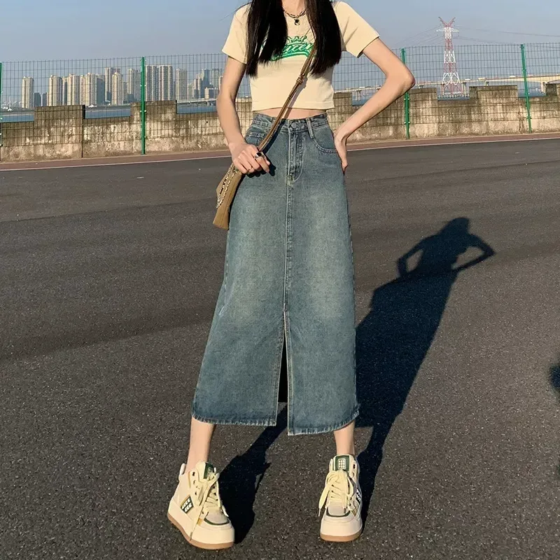 High Waist Slim Fit Midi Denim Skirt for Women Spring Summer Casual Style with Side Slit Available in Blue and Black Wholesale
