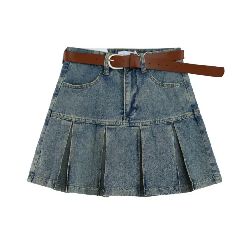 High Waist A Line Denim Skirt for Women Vintage Style Flattering Fit Pleated Design Casual Summer Wear Wholesale
