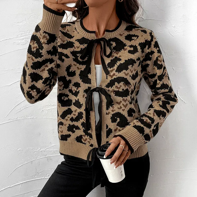 Womens Leopard Print Cardigan Sweater Round Neck Tie Closure Cozy Knit Fabric Fall Winter Fashion