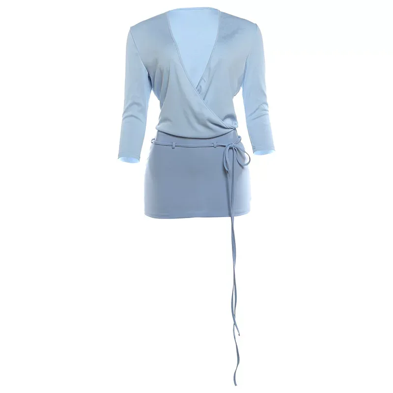Womens Summer Outfit Set Deep V Neck Long Sleeve Top and Low Waist Mini Skirt Casual Fashion