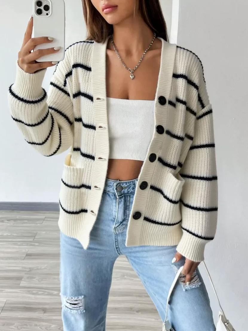 Womens Loose Fit V Neck Striped Knit Cardigan Sweater Long Sleeve White Spring Summer Wholesale fast shipping
