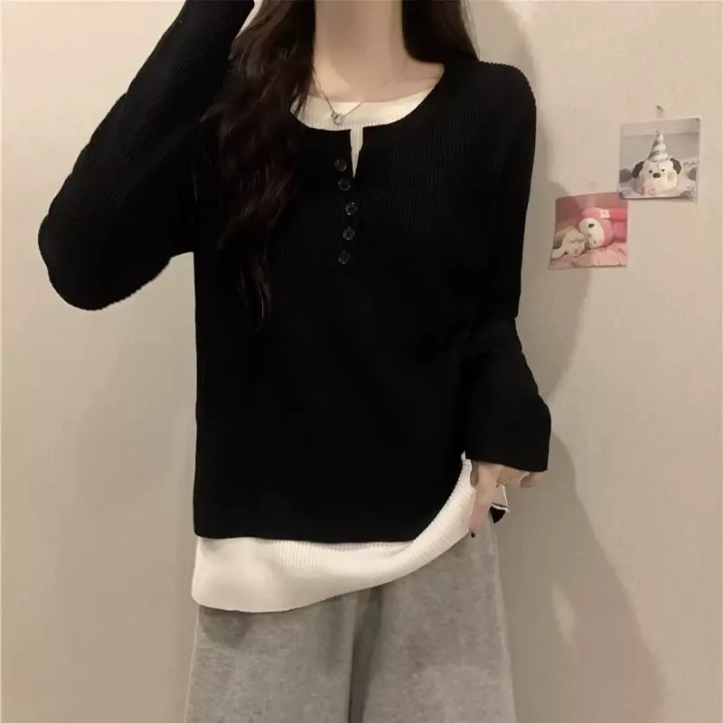 Gray Knit Two Piece Style Top for Women Loose Fit Long Sleeve Layering Shirt Fall Winter Collection