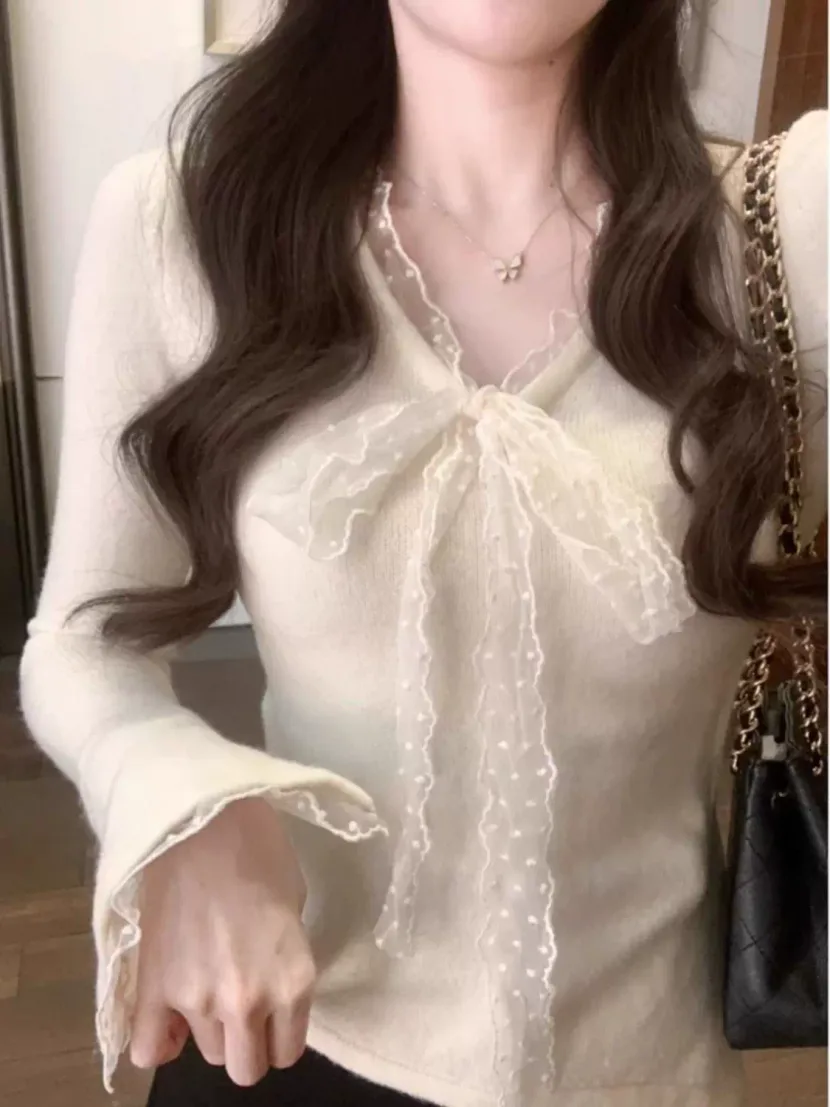 Apricot Lace Bow V Neck Long Sleeve Top for Women Irregular Hem Design Spring Layering