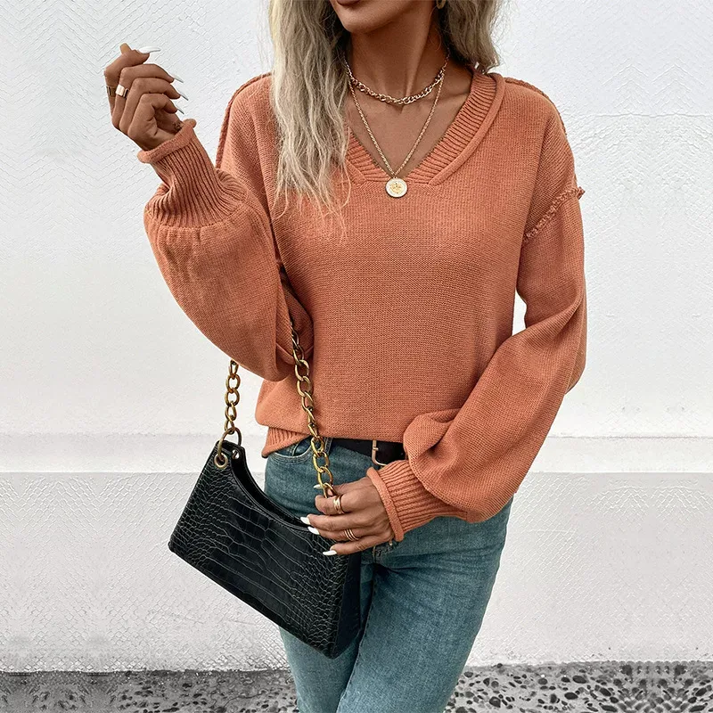 Womens Lantern Sleeve Sweater Solid Color Retro Style Autumn Winter Casual Wear