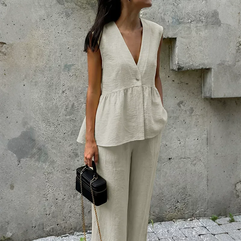 Womens Sleeveless V Neck Vest and Pants Set Casual Style Available in Apricot Yellow and Blue Wholesale Ready to Ship