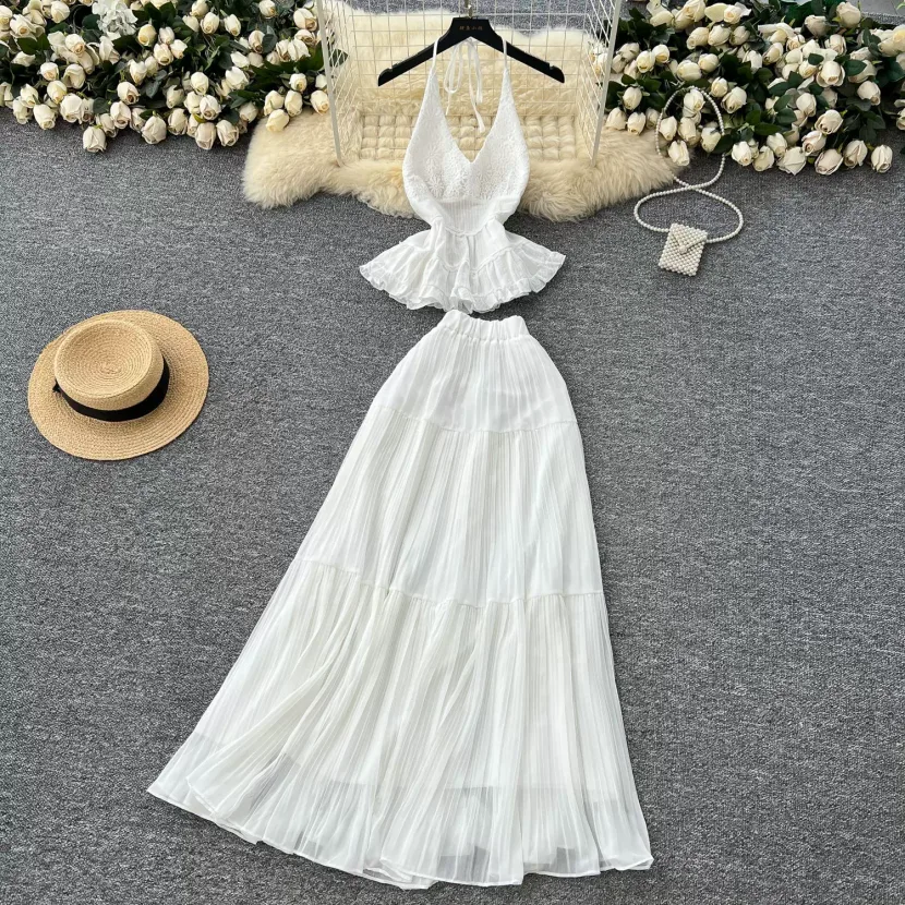 White Summer Vacation Set for Women Lace Trim Halter Neck Top and Chiffon Skirt Casual Beachwear