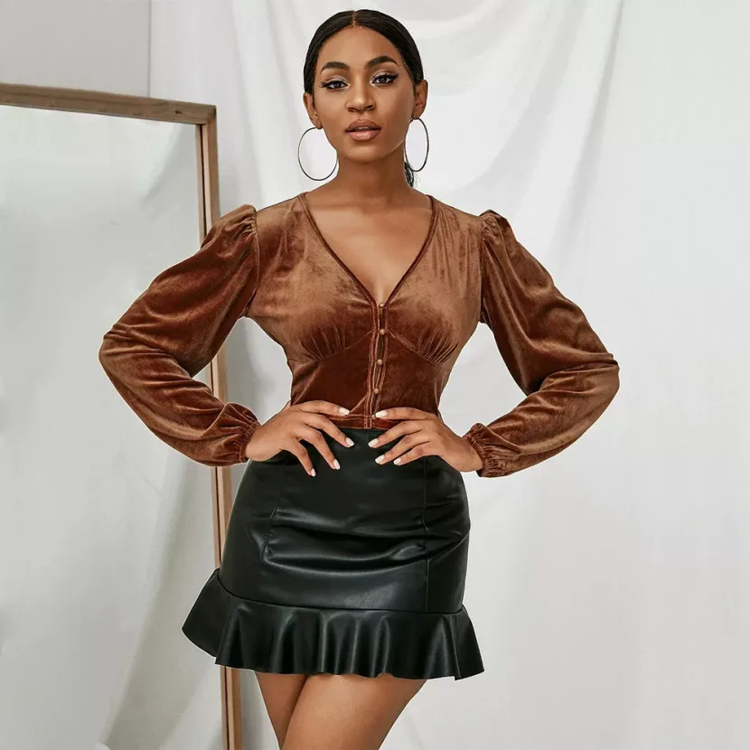 V Neck Fitted Short Sleeve Velvet T Shirt for Women Brown Color Casual Spring Summer Wear