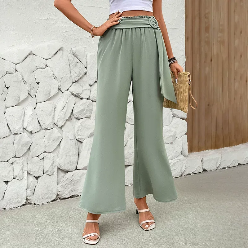 Womens Green Wide Leg Pants with Belt Summer Casual Style Lightweight Fabric ready to ship