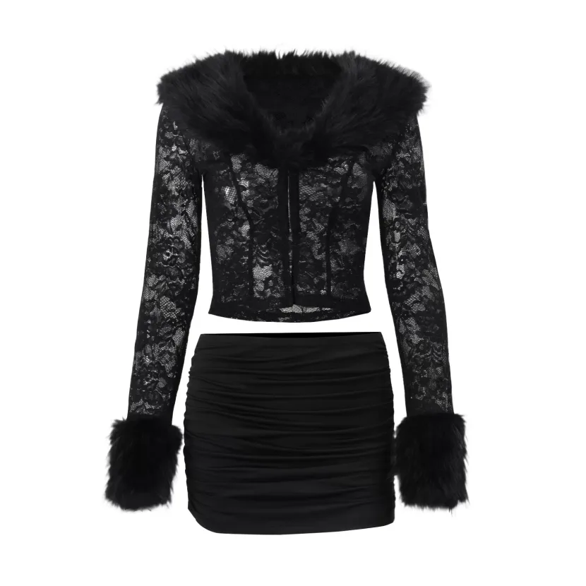 Lace Plush Long Sleeve Top and Sexy Mini Skirt Set Fashionable Street Style Autumn Winter Wholesale Available